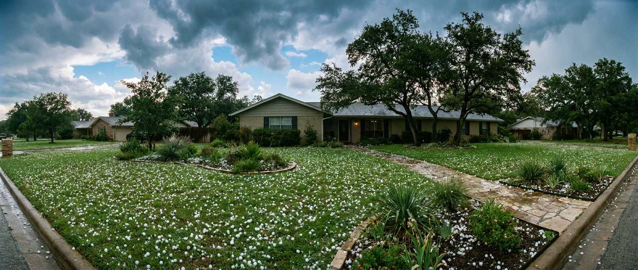 Hailstones scattered across a residential lawn after a Central Texas spring storm