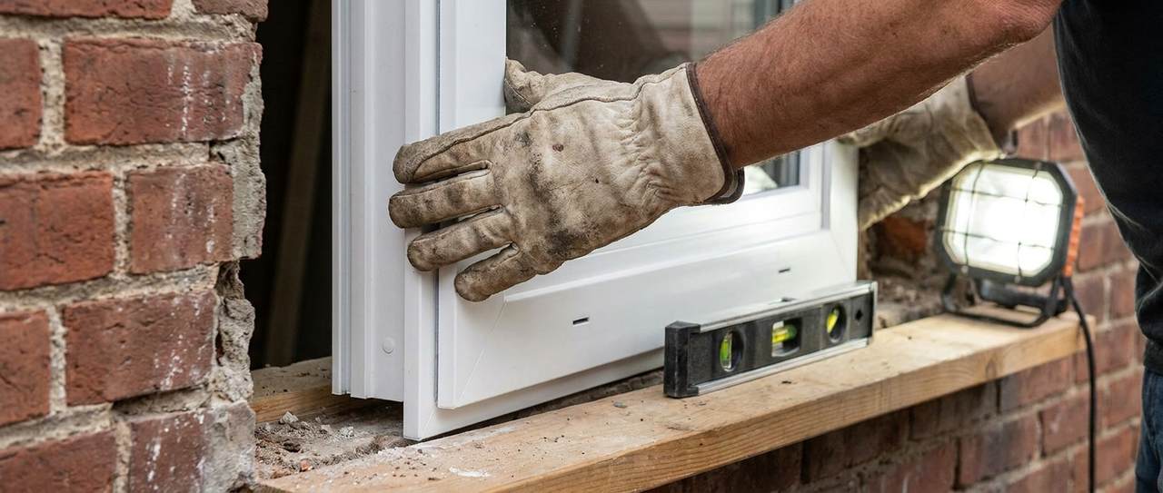 Gloved hands setting and leveling a white vinyl replacement window in a prepared opening