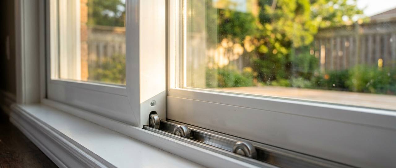 Open white sliding glass patio door leading to a backyard patio in warm evening light