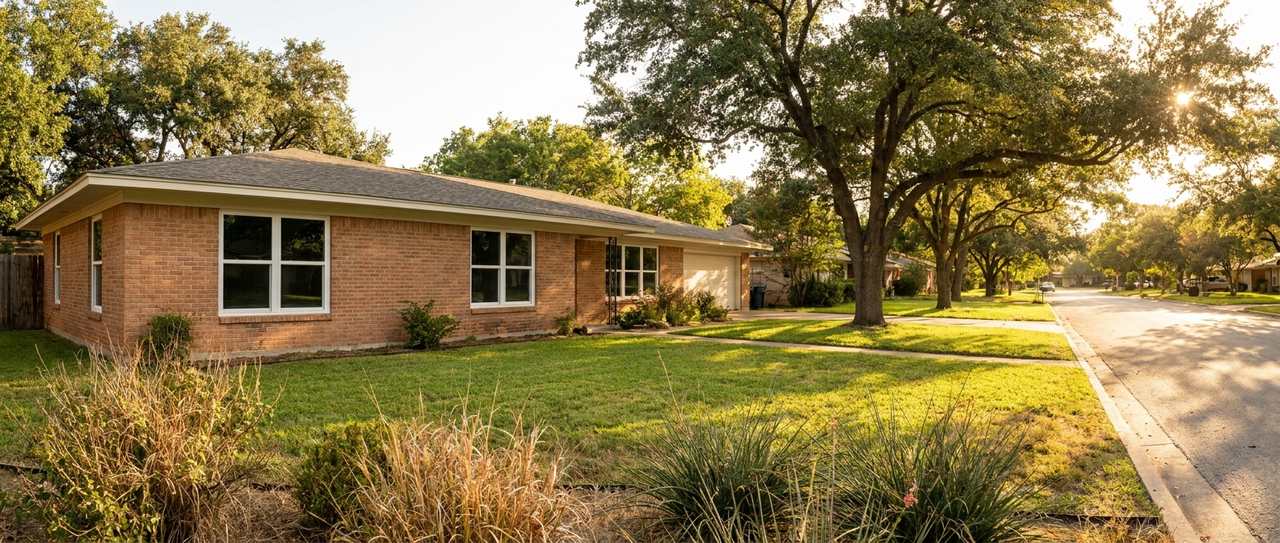 Midcentury brick ranch home with fresh white replacement windows on a tree-lined Central Texas street